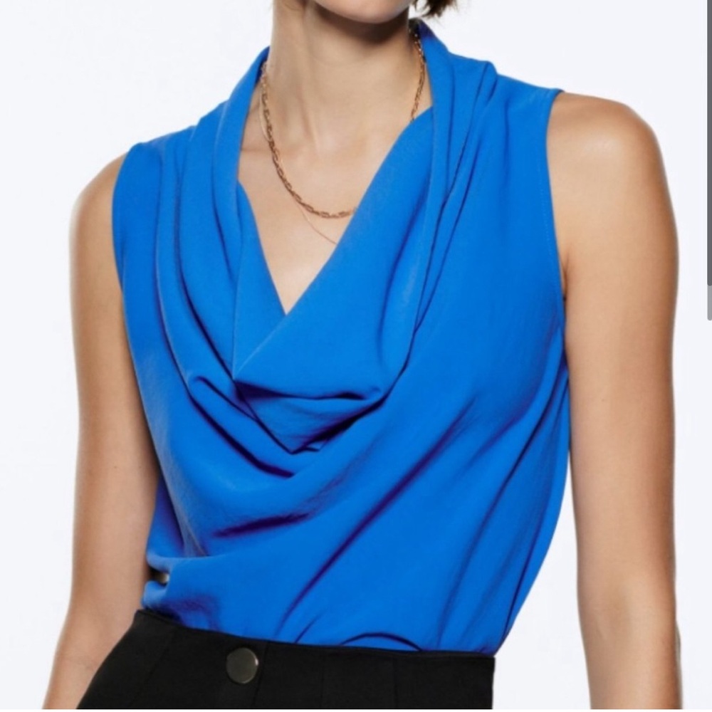 Zara Blue Scoop Drape Neck Top